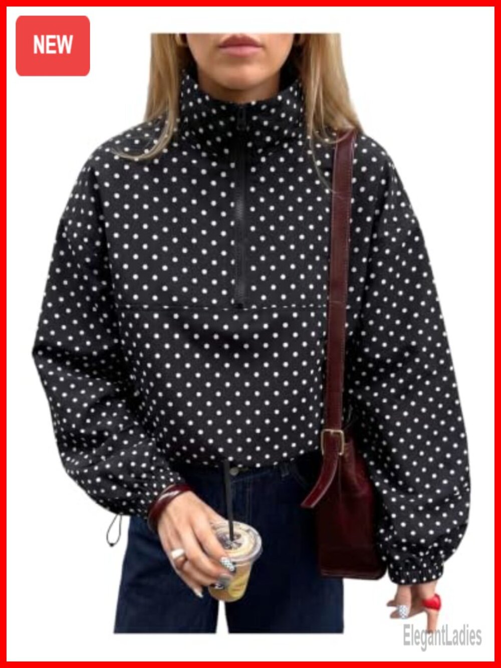Oversized Windbreaker Cropped Funnel Neck Quarter Zip Polka Dot Jacket